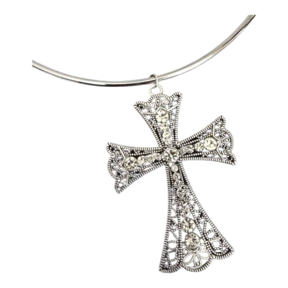 Silver Rhinestone Crystal Cross Pendant Choker Necklace